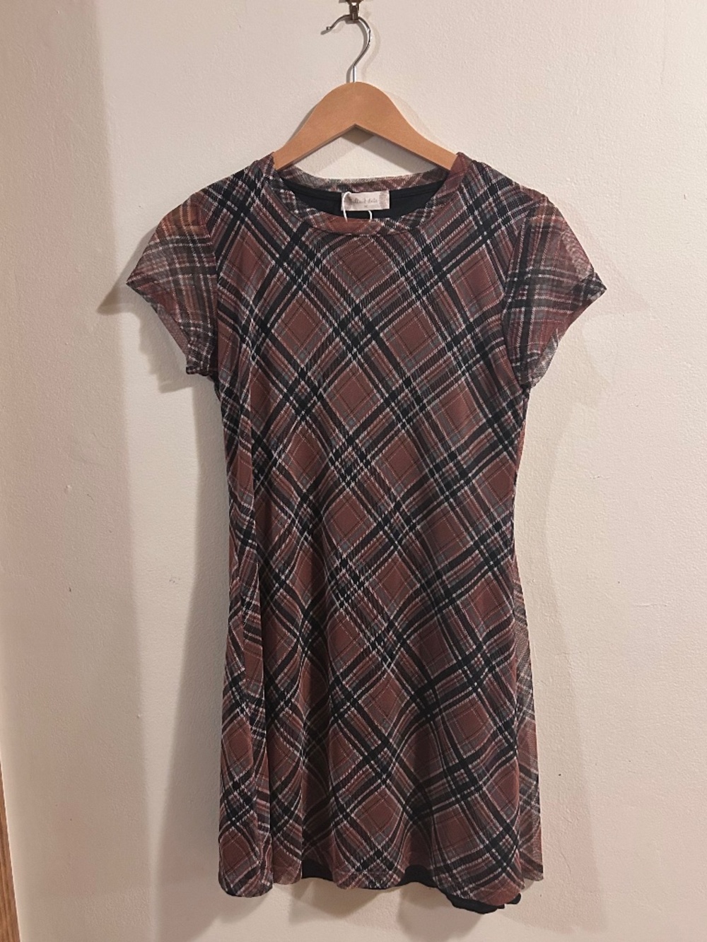 Altar’d state mini babydoll dress mesh plaid brown 90s